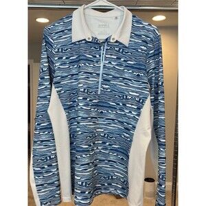 CUTTER & BUCK Annika Blue White DryTec 50+ Button Stretch Polo Shirt Size Large